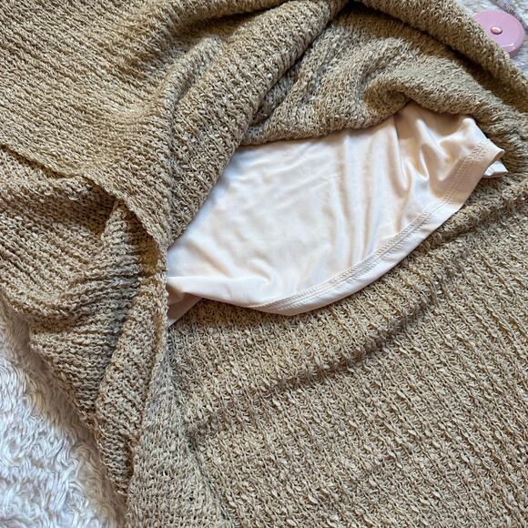 All Row Medium Knit Midi Skirt with Slits Elastic Waist Tan Camel Lined - Picture 7 of 9